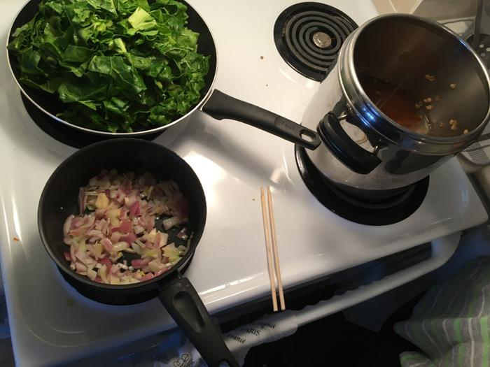 Lentils precook done, onions fried
