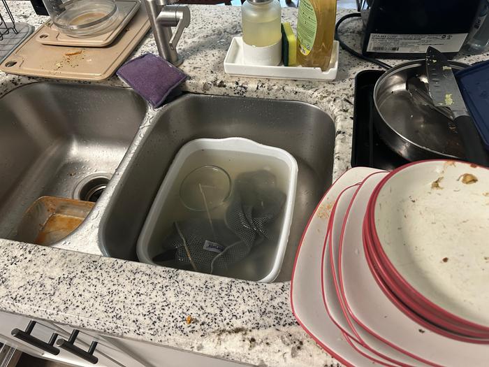 I started washing the dishes from the other sink, rinsing them off and filling the dishpan up more